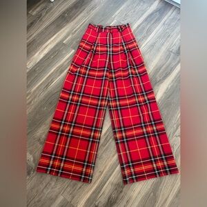 Red Plaid Wide-Leg Pants